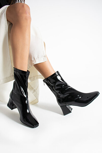 ELİSHA BUTİK Alvis Siyah Rugan Renkli Kalın Topuk Streç Kadın Bot