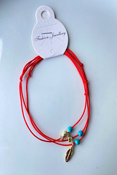 Shepidi 3'lü gold objeli mavi boncuk kırmızı ip şans bilekliği