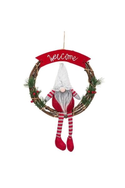 ANTBRO Coroană de Crăciun suspendată cu gnom, pălărie gri și mesaj „Bun venit...