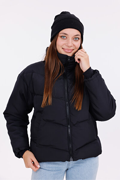 Royalside Дамско черно пухено яке – удобно, с цип, топло зимно връхно облекло
