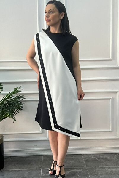 İthal Büyük Beden Asimetrik Siyah Beyaz Çizgili Abiye Elbise