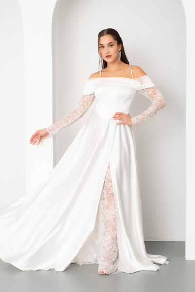 Lafaba Kadın Beyaz Dantel Detaylı Uzun Saten Abiye Elbise