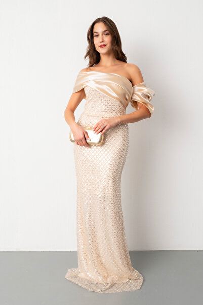 Lafaba Kadın Bej Yaka Detay Boncuklu Uzun Abiye Elbise