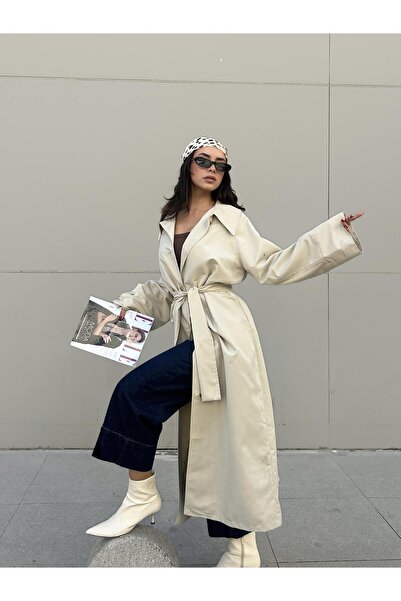 minaaise Kadın Taş Astarlı Uzun Trençkot 30030