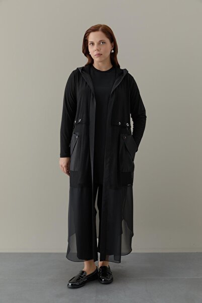 FATMA DANIŞMAN Sandy Kumaş Şifon Kombinli İçlik Takımlı GiyÇık Kap -Siyah