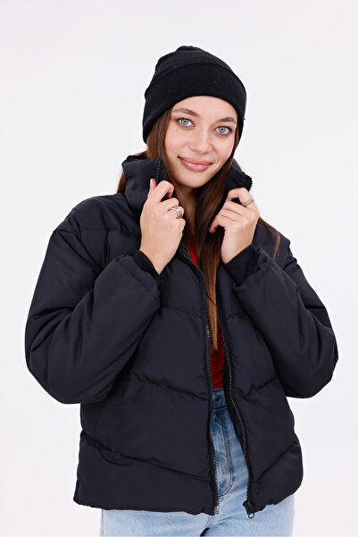 Royalside Дамско черно пухено яке – удобно, с цип, топло зимно връхно облекло