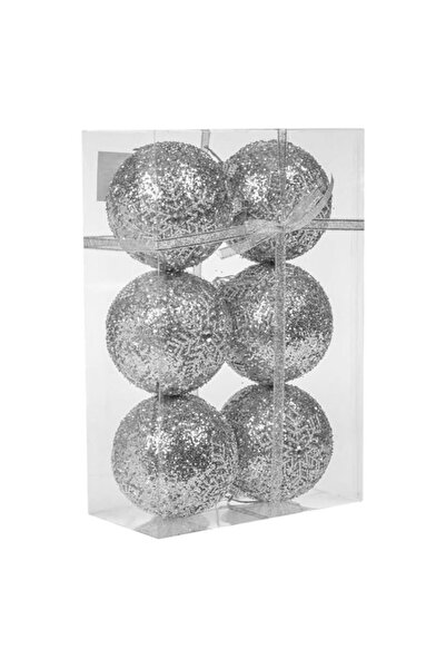 ANTBRO ® set of 6 Christmas tree baubles, foam with silver glitter and silver snowflake, 8 cm