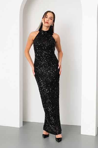 Lafaba Kadın Siyah Halter Yaka Pul Payet Uzun Abiye Elbise