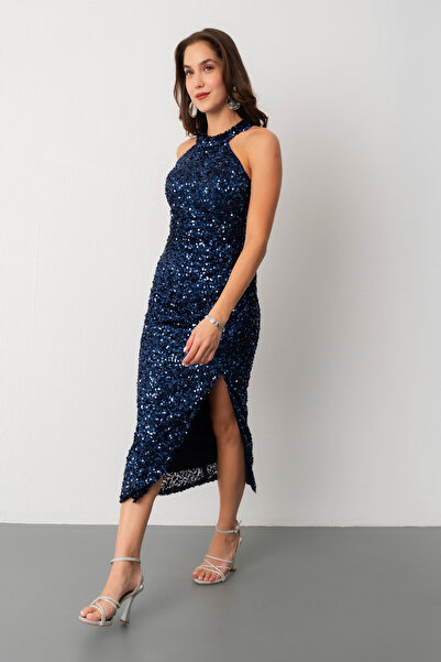 Lafaba Kadın Lacivert Halter Yaka Payetli Abiye Elbise