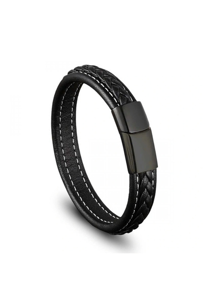 FM Black & Black Hair Braided Leather and Steel Bracelet