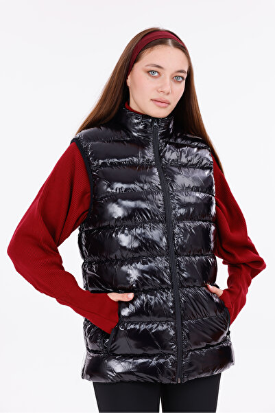 Royalside Women's Black Shiny Fabric Puffer Vest
