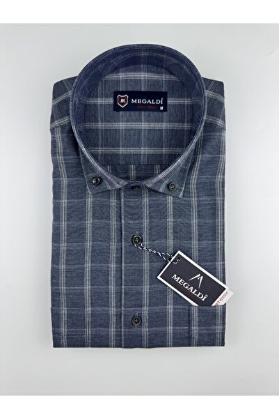 MEGALDİ Erkek Klasik Kesim Ekose Çift Cepli Füme Uzun Kollu Gömlek