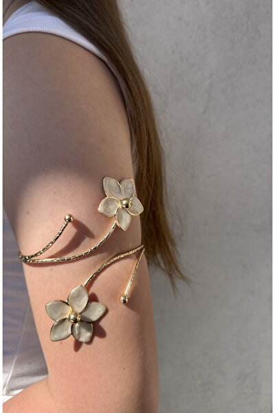 onse Gold Ayarlanabilir Mineli Beyaz Çiçek Detaylı Armcuff Kol Pazu Kelepçesi...