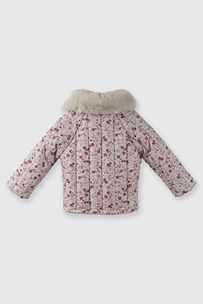 Panço Kız Bebek Yakası Tak Çıkar Kürklü Çıtçıtlı Çiçek Desenli Ekru Mont