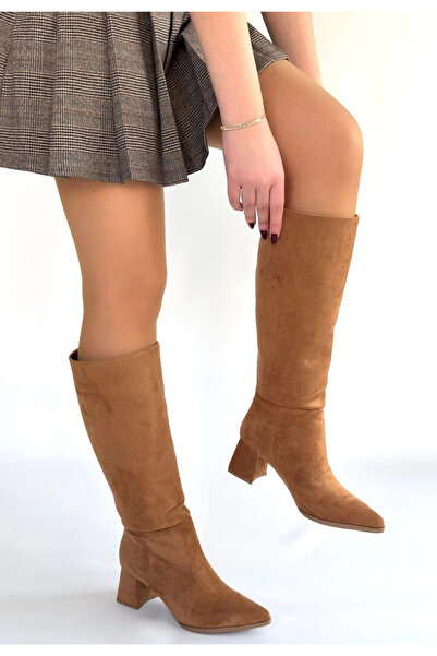 TH COLLECTİON Roksa Tan Suede Heeled Boots - 40