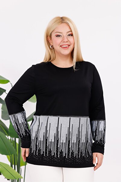 Siyezen Plus Size Blouse with Patterned Stone on the Sleeves and Skirt