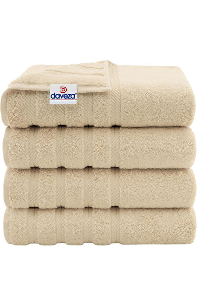 DAVEZA Set of 4 Premium Daveza Towels, 600 GSM, 100% Turkish Cotton, Beige Color