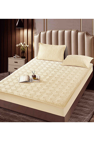 JOJO HOME Velvet Quilted Topper Cover, 180x200, 3 Pieces, Cream