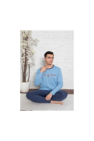 pamuklu Men's Pajamas, Cotton, Long Pants, Long Sleeves, Light Blue, XL