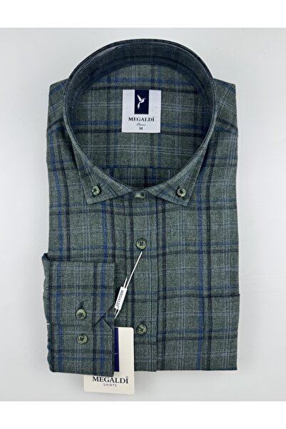 MEGALDİ Erkek Klasik Kesim Ekose Yeşil Uzun Kollu Cepli Gömlek