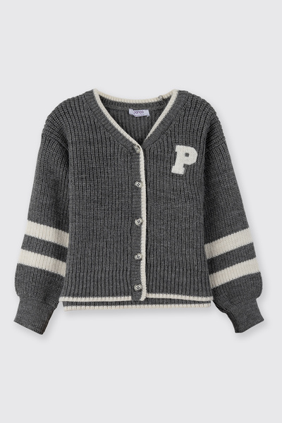 Panço Kız Bebek Aplike Detaylı Triko Antrasit Hırka