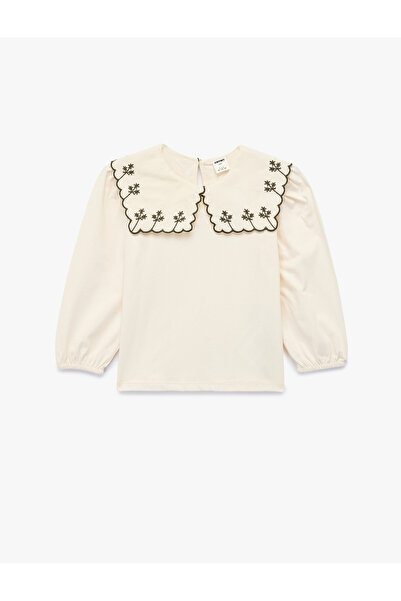Koton تي شيرت بأكمام طويلة وياقة بيبي مع تفاصيل تطريز قطنية