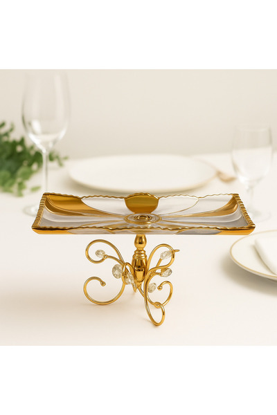 Elta Collection Lüks Altın Ayaklı Kristal Cam Sunumluk | Servis ve Pasta Taba...