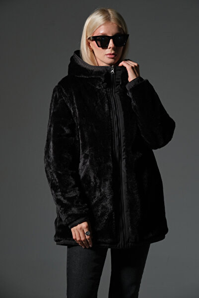 Maule Γυναικείο παλτό με κουκούλα με μικροφερμουάρ, διπλής όψης, μία πλευρά βελούδινη, μία πλευρά αδιάβροχη @Varoni