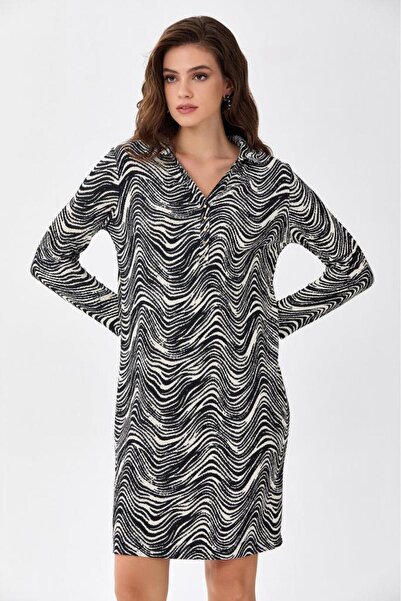 İKİLER Gömlek Yaka Önü Patlı Uzun Kol Elbise 256-2500