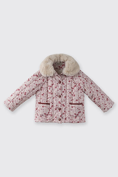 Panço Kız Bebek Yakası Tak Çıkar Kürklü Çıtçıtlı Çiçek Desenli Ekru Mont
