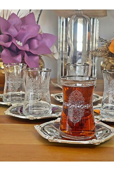 P&ORA PREMIUM KITCHEN PRODUCTS Heybeli̇ Silvery Metal Plate with Lace Gold-Plated Cup 12 Pieces Tea Set for 6 People Tea Set Glass