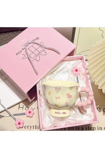 selvi wear طقم كوب وملعقة سيراميك كوري الصنع – كوب حلوى بنقشة زهور مع علبة هدايا