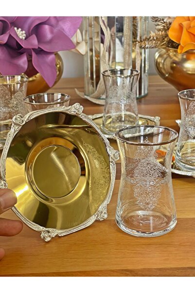 P&ORA PREMIUM KITCHEN PRODUCTS Heybeli̇ Gold Silver Metal Plate with Lace Gilded Cup 12 Pieces Tea Set for 6 People Tea Set Glass