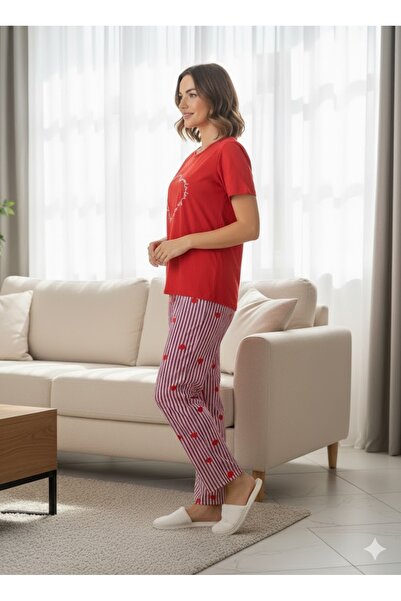 FAMES PİJAMA Women's Summer Red Pajama Set