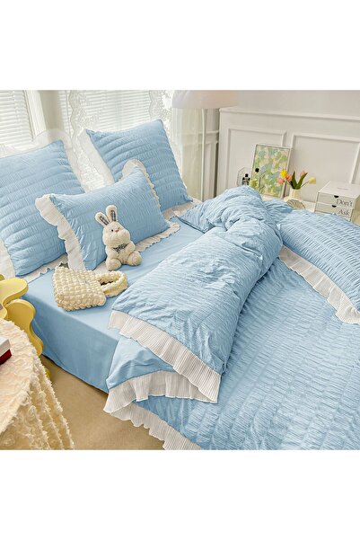 JOJO HOME Double Bed Linen Set, Crepe Pattern, 230x250cm, 6 Pieces, Blue