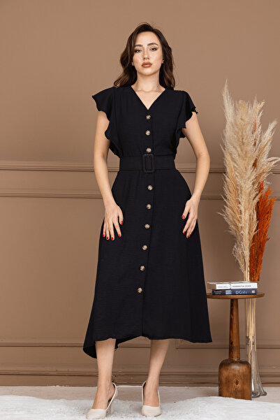 BEYBOS فستان من قماش أيروبين بأزرار مفصلة - أسود