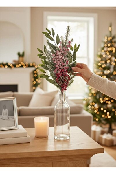 Nettenevime Yapay Çiçek Karlı Kokina ve Çam Dalı Uzun Dal 80cm Yılbaşı Çiçeği Red Berry