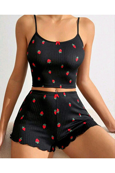 Lenaca Kadın Siyah Çilek Desenli Seksi Gecelik Takım 6644