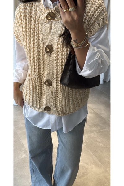 LUMİ Kadın Siyah Kalın Örgü Düğmeli Triko Yelek