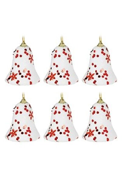 BAMI NETWORK Set Ornamente de Craciun Clopote Albe Flori Rosii 7cm - 6buc