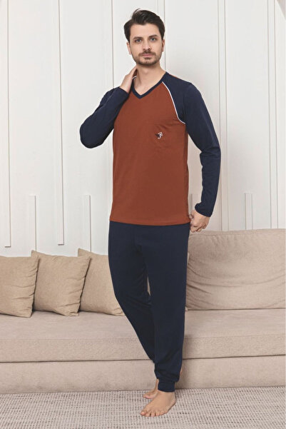 embody Pijama lungă bărbătească din bumbac tip penye, bleumarin/maro 1054