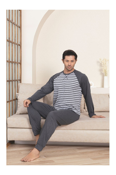 embody Men's striped cotton long pyjamas, grey 3000