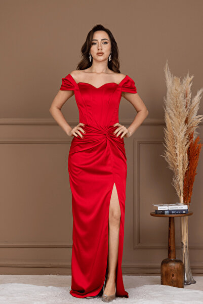 BEYBOS Saten Kumaş Drapeli Düşük Omuz Abiye Elbise - KIRMIZI
