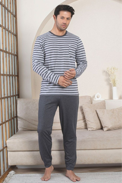 embody Men's striped cotton long pyjamas, grey 3004
