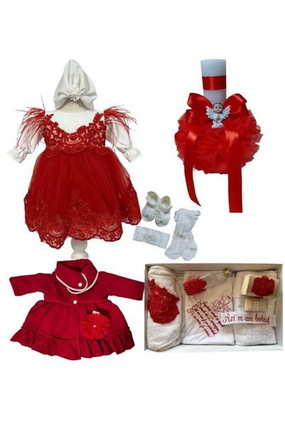 Botez Set complet fetita Alina-rosu cu palton