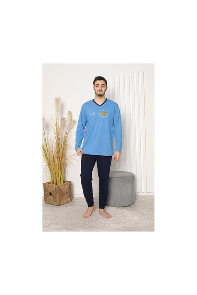 embody Pijama lungă din bumbac pentru bărbați, albastru 502