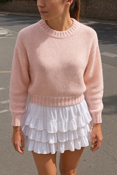 Genel Markalar Pembe Oversize Yumuşak Dokulu 3 İplik Örme Desen Hafif Triko Kazak