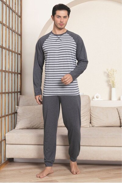 embody Men's striped cotton long pyjamas, grey 3000