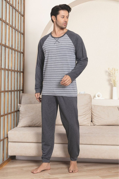 embody Men's striped cotton long pyjamas, grey 3002