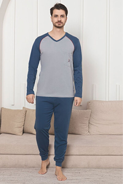 embody Pijama lungă bărbătească din bumbac, model penye, albastră 1057